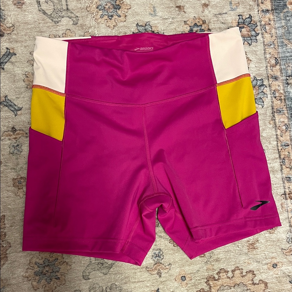 Brooks Women's Pink and Yellow Running Shorts- method 5” tights like new- size L